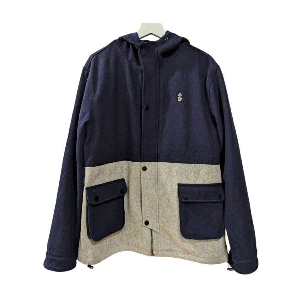 QILO Jacket Mens Size L Two Tone Hooded Wool Navy Blue Gray Full Zip Button